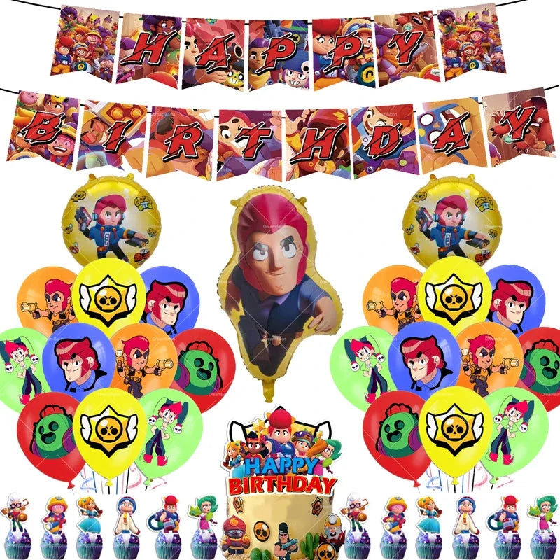 Brawl Stars Balloons Happy Birthday Banner Game Party Decoration Background Cake Topper Stickers Disposable Tableware Keychain