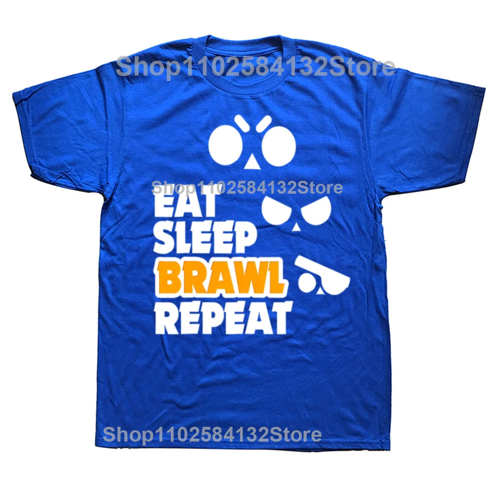 Eat Sleep Brawl Repeat Gamer Mobile Game Brawl with Stars T-Shirt Graphics Customs Fitted T Shirts for Men Tees Men's T-shirt