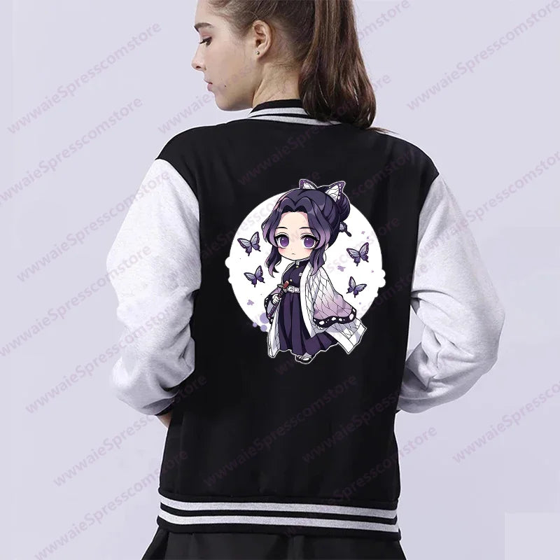 Cute Kochou Shinobu Pattern Baseball Shirt Women's Outdoor High Quality Casual Anime Harajuku Sweatshirt Top