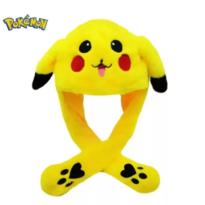 Pikachu Pokemon Anime Plush Hat Bunny Ears Plush Funny Cute Cartoon Hat Flashing Ears Moveable Plush Doll Gift Figure Toys