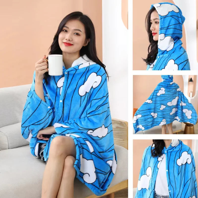 Anime Demon Slayer Hoodie Blanket Cloak Pajamas Kimetsu No Yaiba Tanjirou Cosplay Prop Costume Cover Flannel Halloween Blanket