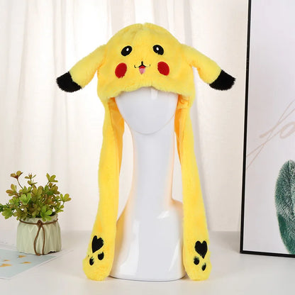 Pikachu Pokemon Anime Plush Hat Bunny Ears Plush Funny Cute Cartoon Hat Flashing Ears Moveable Plush Doll Gift Figure Toys