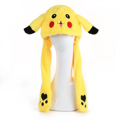 Pikachu Pokemon Anime Plush Hat Bunny Ears Plush Funny Cute Cartoon Hat Flashing Ears Moveable Plush Doll Gift Figure Toys