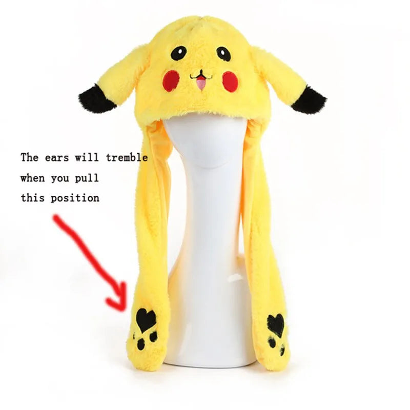 Pikachu Pokemon Anime Plush Hat Bunny Ears Plush Funny Cute Cartoon Hat Flashing Ears Moveable Plush Doll Gift Figure Toys