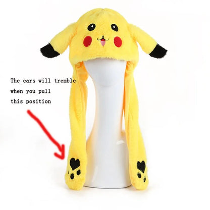 Pikachu Pokemon Anime Plush Hat Bunny Ears Plush Funny Cute Cartoon Hat Flashing Ears Moveable Plush Doll Gift Figure Toys