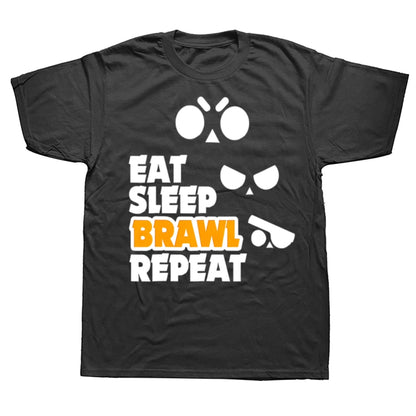 Eat Sleep Brawl Repeat Gamer Mobile Game Brawl with Stars T-Shirt Graphics Customs Fitted T Shirts for Men Tees Men's T-shirt