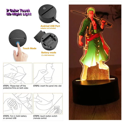 Actions Figure One Piece Luffy Zoro Anime Figures 3D Lamp PVC Action Collection Model Toys LED Night Light Kid Christmas Gift