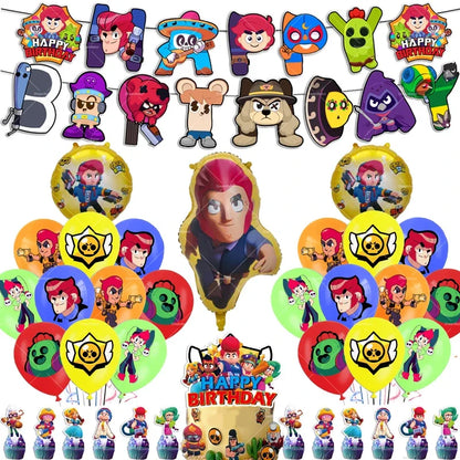 Brawl Stars Balloons Happy Birthday Banner Game Party Decoration Background Cake Topper Stickers Disposable Tableware Keychain