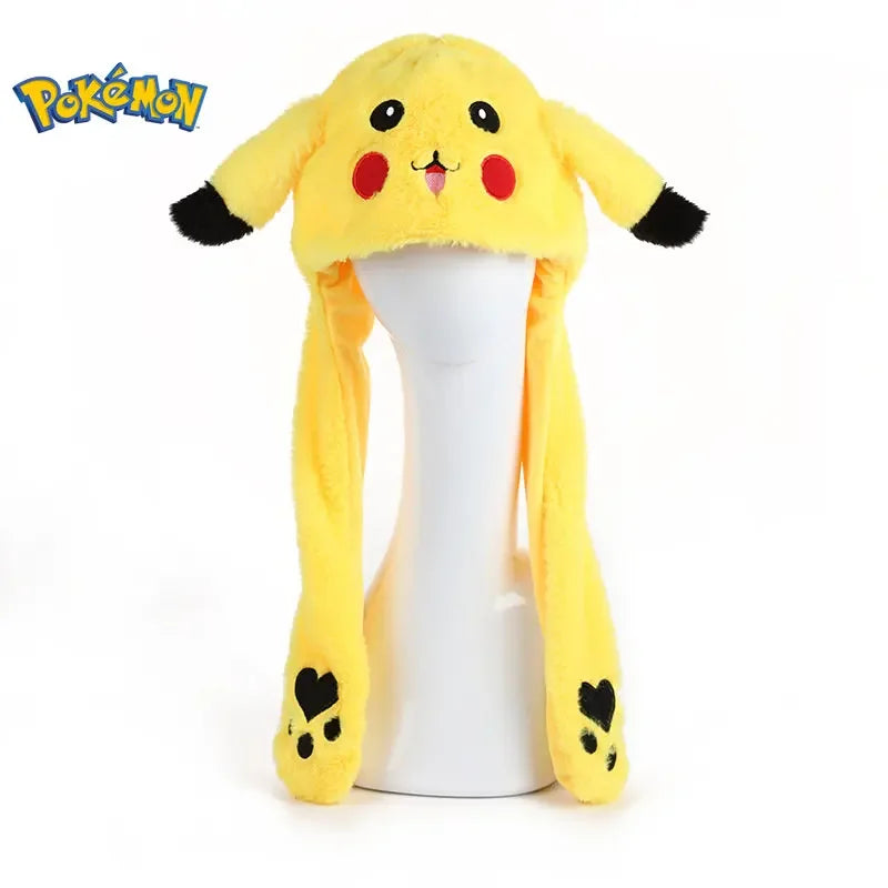 Pikachu Pokemon Anime Plush Hat Bunny Ears Plush Funny Cute Cartoon Hat Flashing Ears Moveable Plush Doll Gift Figure Toys