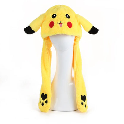 Pikachu Pokemon Anime Plush Hat Bunny Ears Plush Funny Cute Cartoon Hat Flashing Ears Moveable Plush Doll Gift Figure Toys