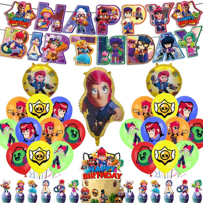 Brawl Stars Balloons Happy Birthday Banner Game Party Decoration Background Cake Topper Stickers Disposable Tableware Keychain